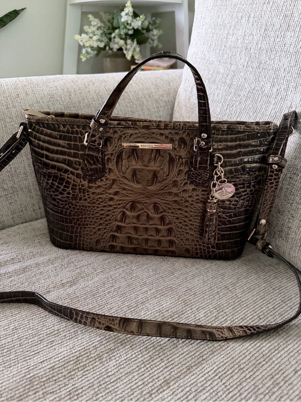 Brahmin Dark Brown Croc-Embossed Leather Satchel
